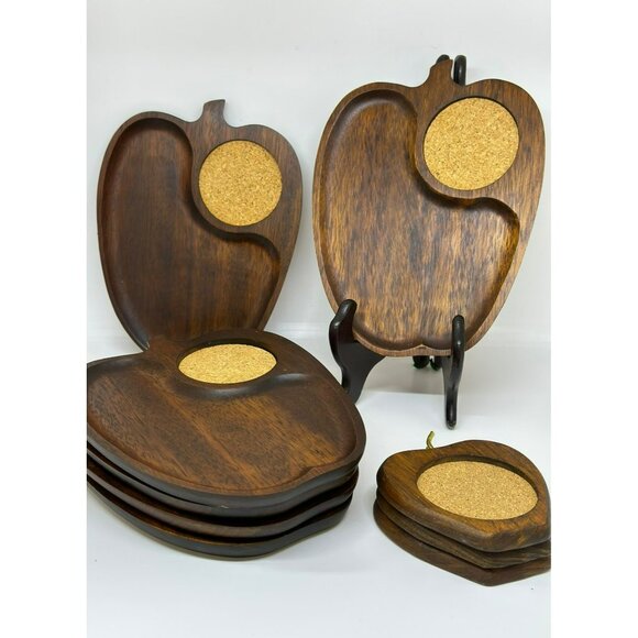 VTG 1960 Gail-Craft Apple Wood Set-of-6 Serving Trays 3 Coasters Cork Inlay MCM - Picture 1 of 10